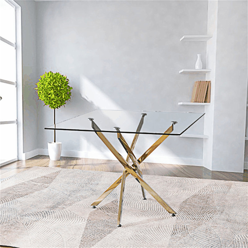 Wrought Studio Contemporary Square Clear Dining Tempered Glass Table With Stainless Steel Legs Glass dining table Kitchen table Wayfair